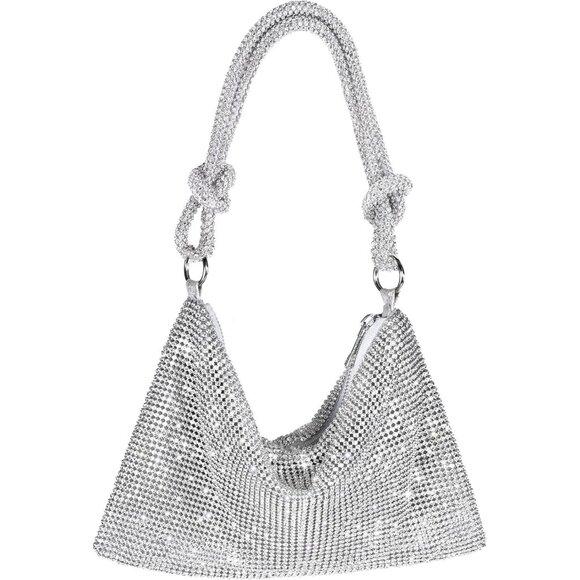 Women's Silver Sparkly Evening Rhinestone Crossbody Clutch Party Wedding Handbag - Picture 1 of 8